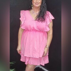 White Birch Pink V Neck Ruffle Short Sleeveless Tiered Dress Size XL New